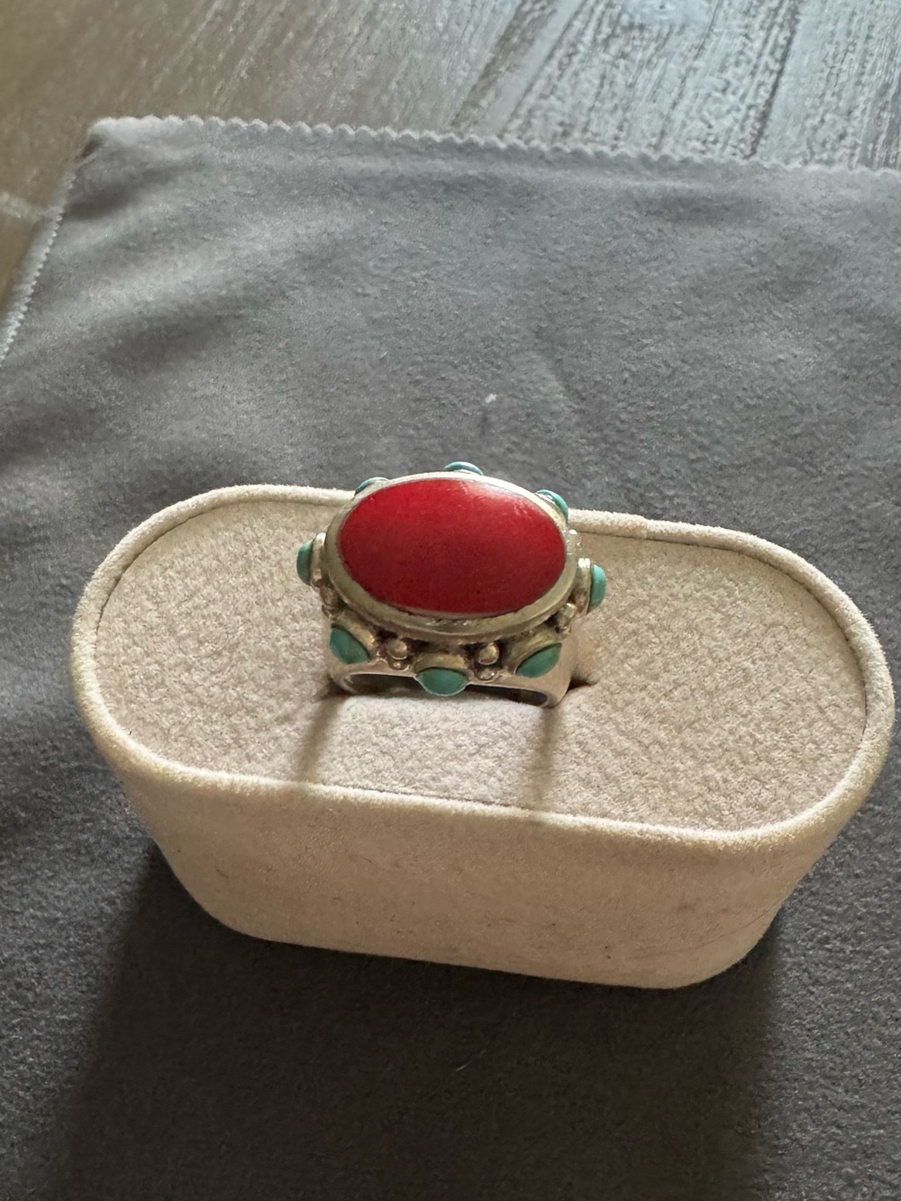 Sterling Silver Classic Navajo Red Coral & Turquoise Statement Ring size 7